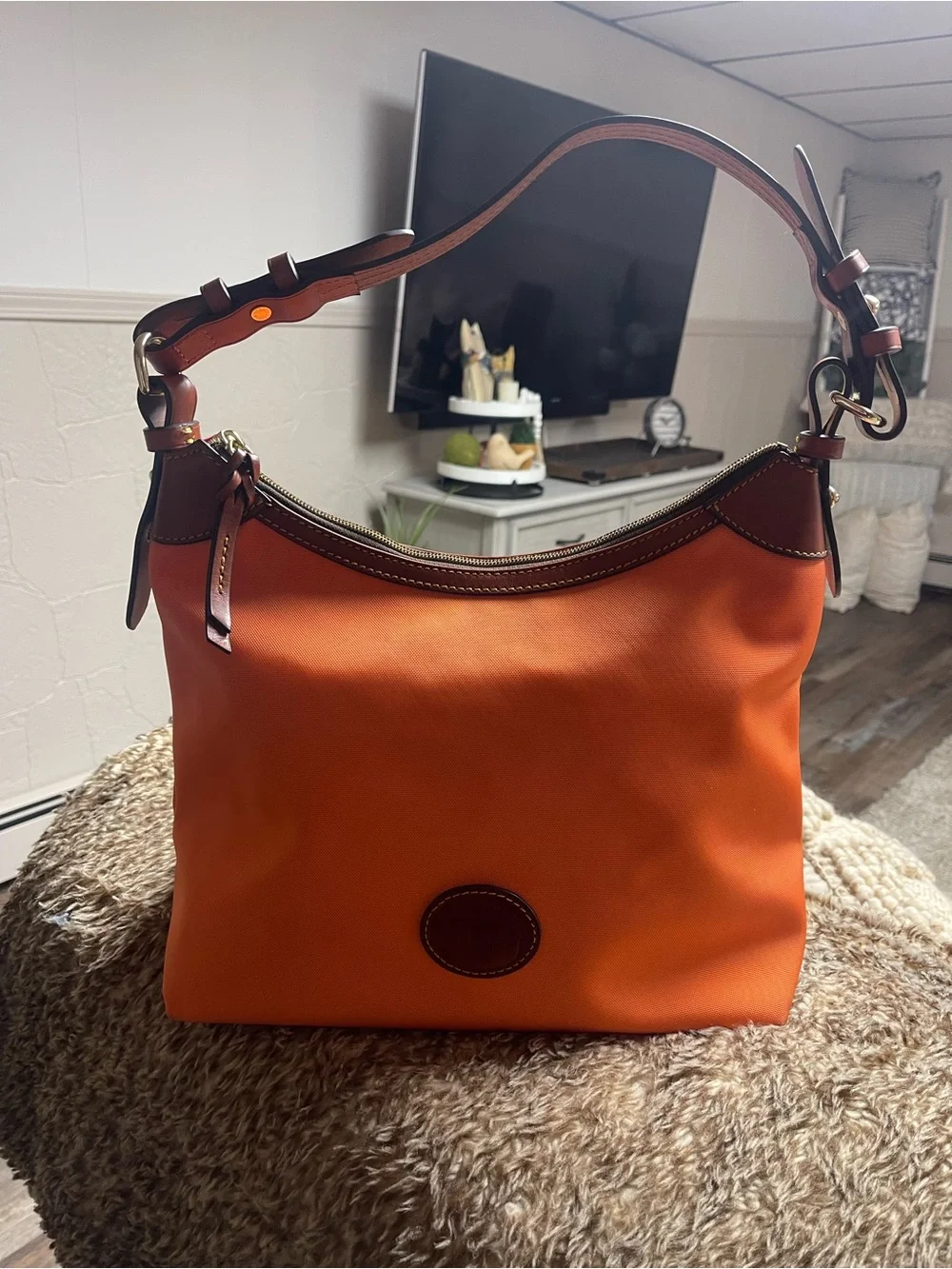Classic Orange Shoulder Bag with Brown Trim
